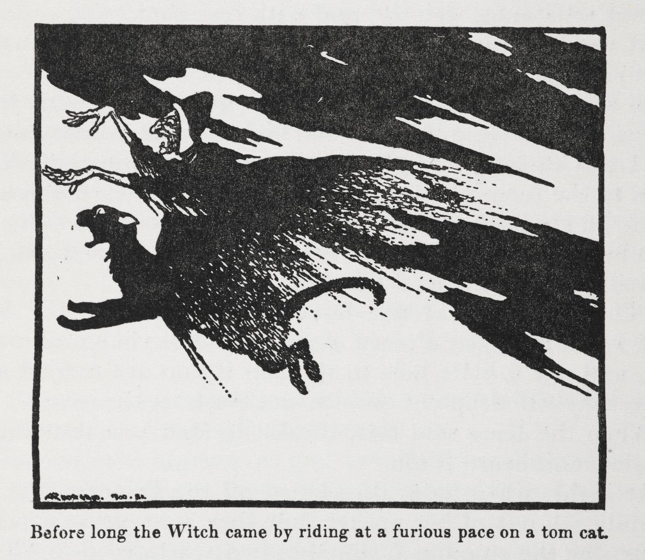Zanedlouho přišla čarodějnice tím, že jela zběsilým tempem na kocourovi. od Arthur Rackham