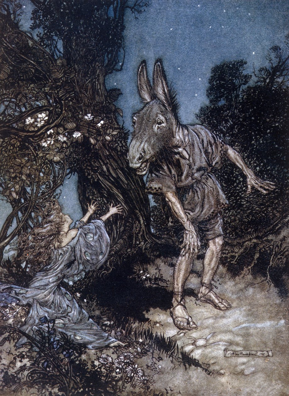 Na dně muž s oslí hlavou a Titania, královna poplatků. Ilustrace Arthur RACKHAM (1867-1939) pro Sen letní noci od Williama SHAKESPEARE od Arthur Rackham