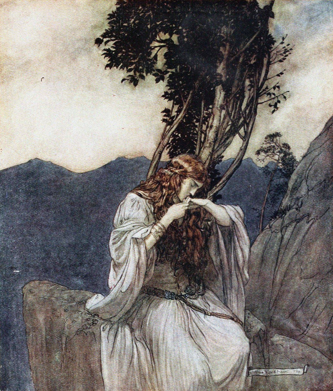 Brünnhilde políbí prsten, který jí Siegfried nechal. Ilustrace pro Siegfried a The Twi od Arthur Rackham