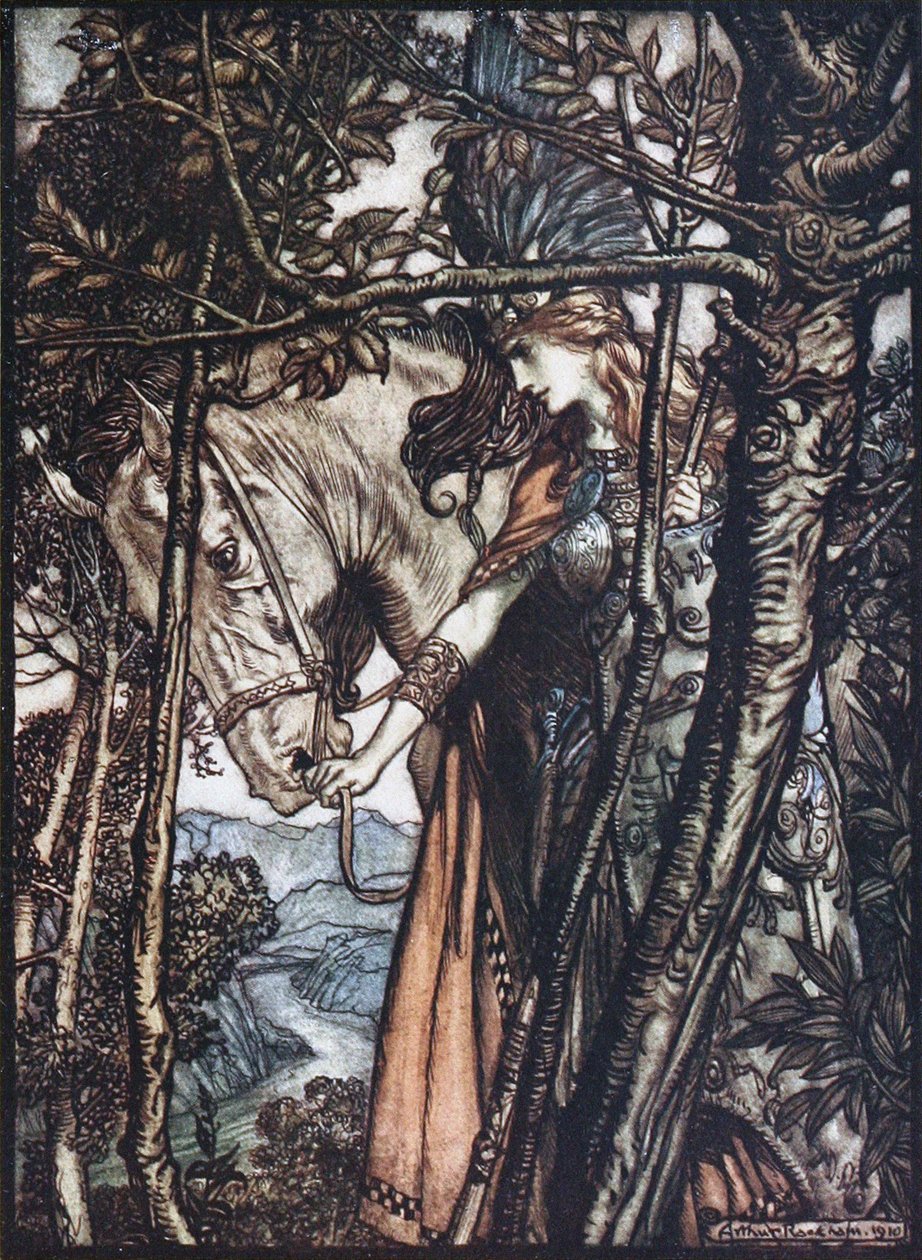 Brünnhilde vede svého koně za uzdu. Ilustrace ke skladbě The Rhinegold and The Valkyrie od Richa od Arthur Rackham
