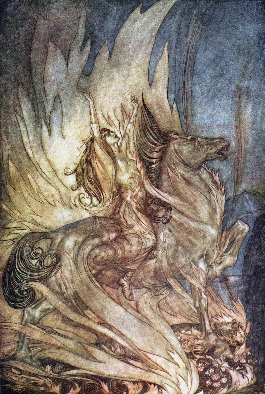 Brünnhilde on Grane skočí na pohřební hranici Siegfrieda. Ilustrace pro Siegfried and The Tw od Arthur Rackham