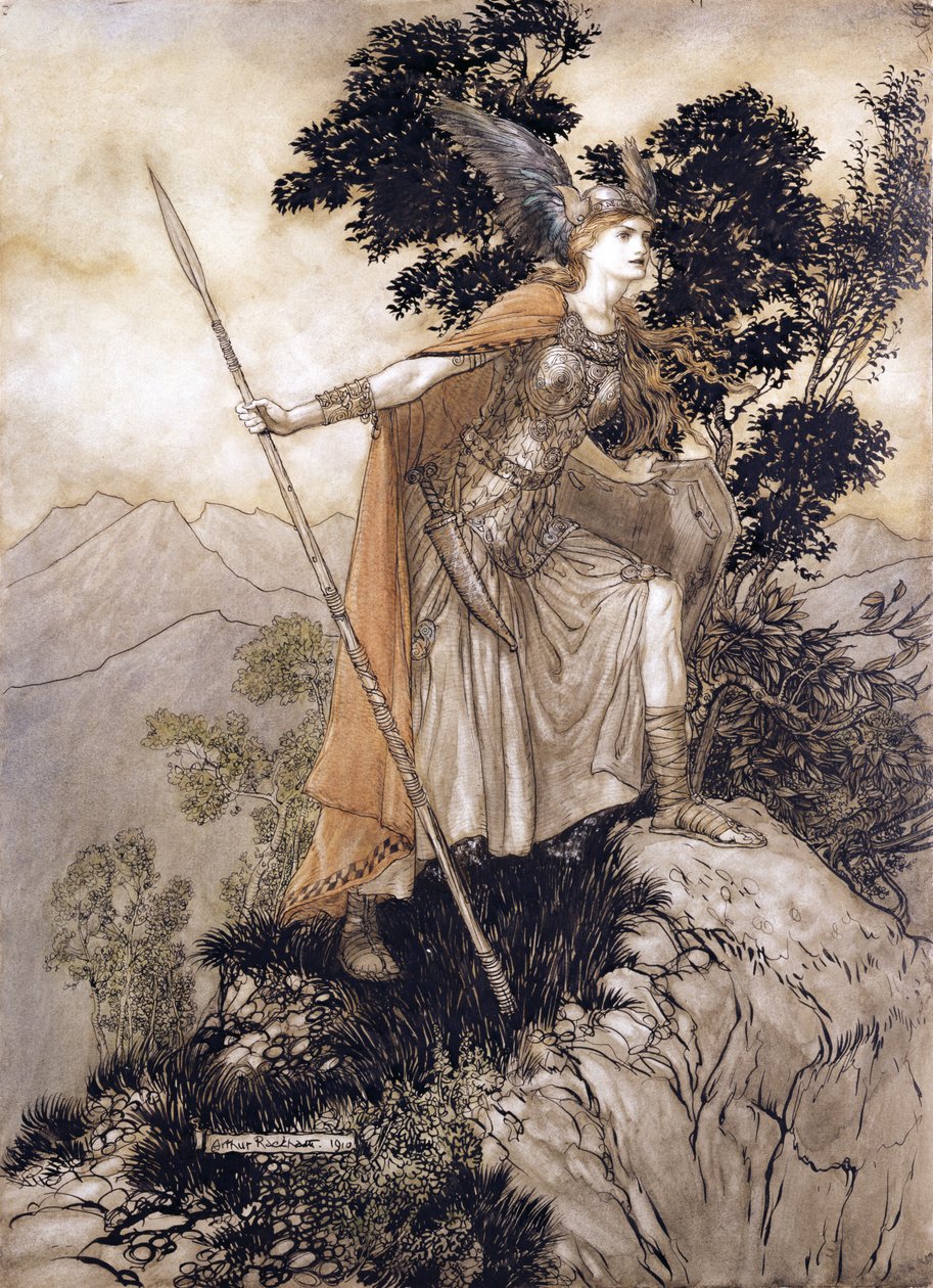 Brunhilde, ilustrace z The Rhinegold and the Valkyrie od Richarda Wagnera, 1910 (pero a inkoust, wc na papíře) od Arthur Rackham