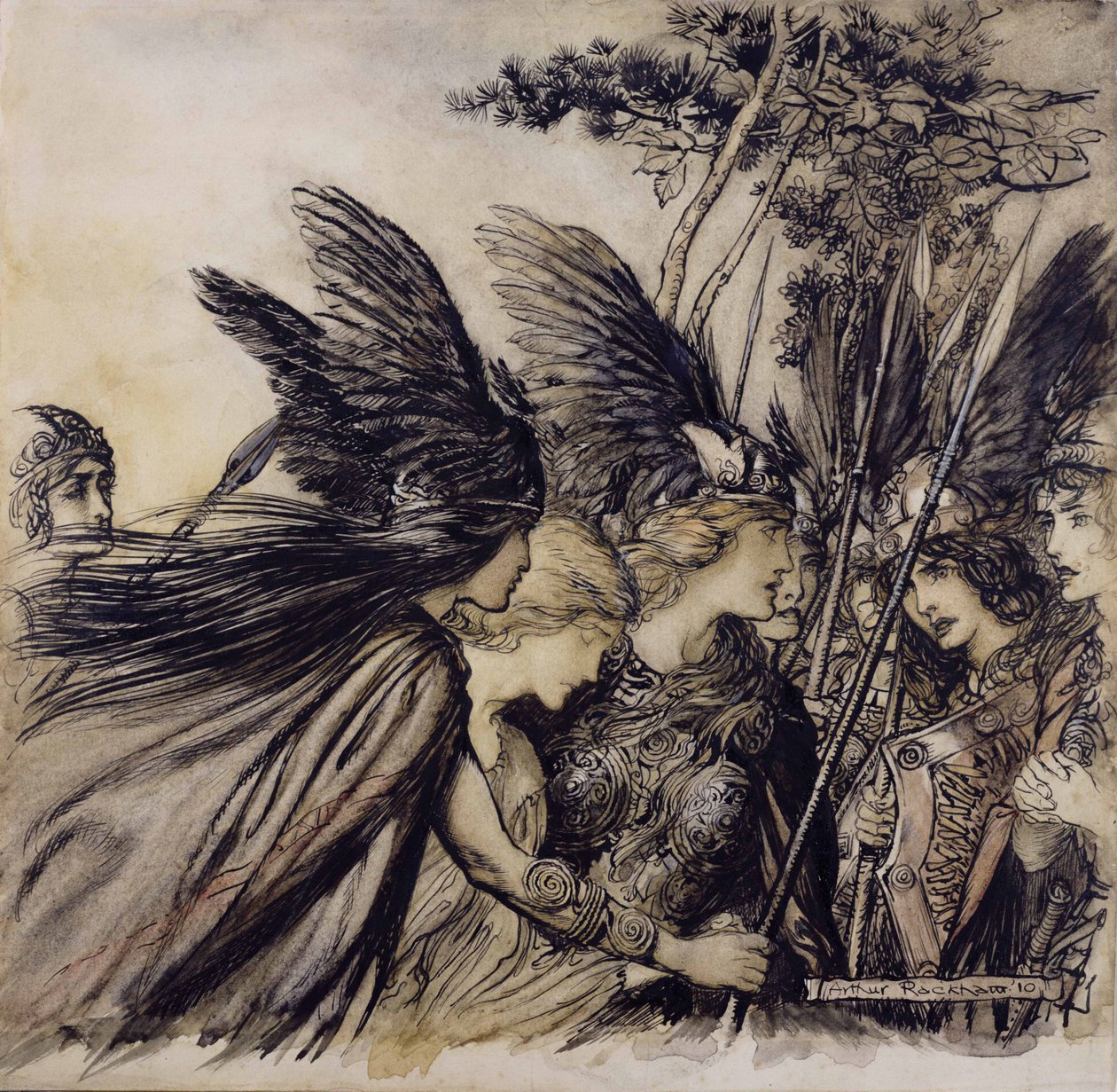 Brunnhilde Implores the Valkyries, ilustrace z The Rhinegold and the Valkyrie, od Richarda Wagnera, vydání z roku 1910 (pero, inkoust a wc na papíře) od Arthur Rackham