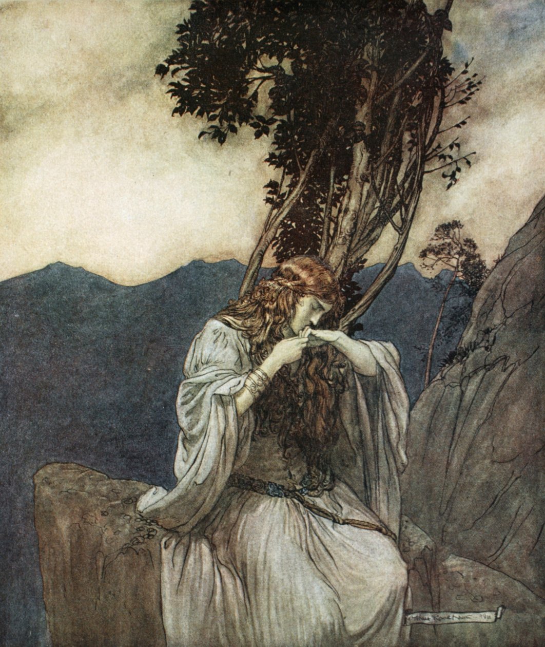 „Brunnhilde líbá prsten, který jí Siegfried zanechal“, 1924. od Arthur Rackham