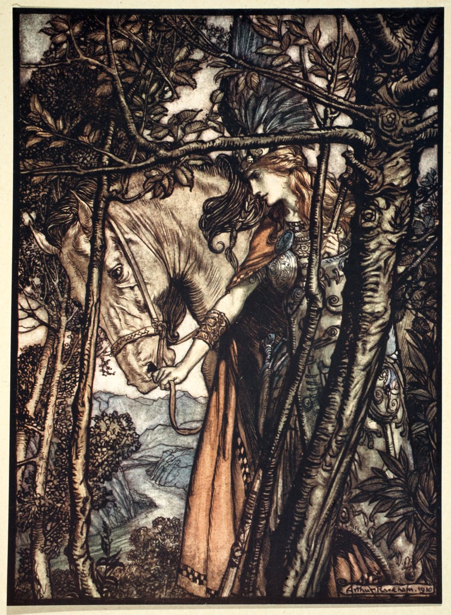 „Brunnhilde pomalu a tiše vede svého koně po cestě do jeskyně“, 1910. od Arthur Rackham