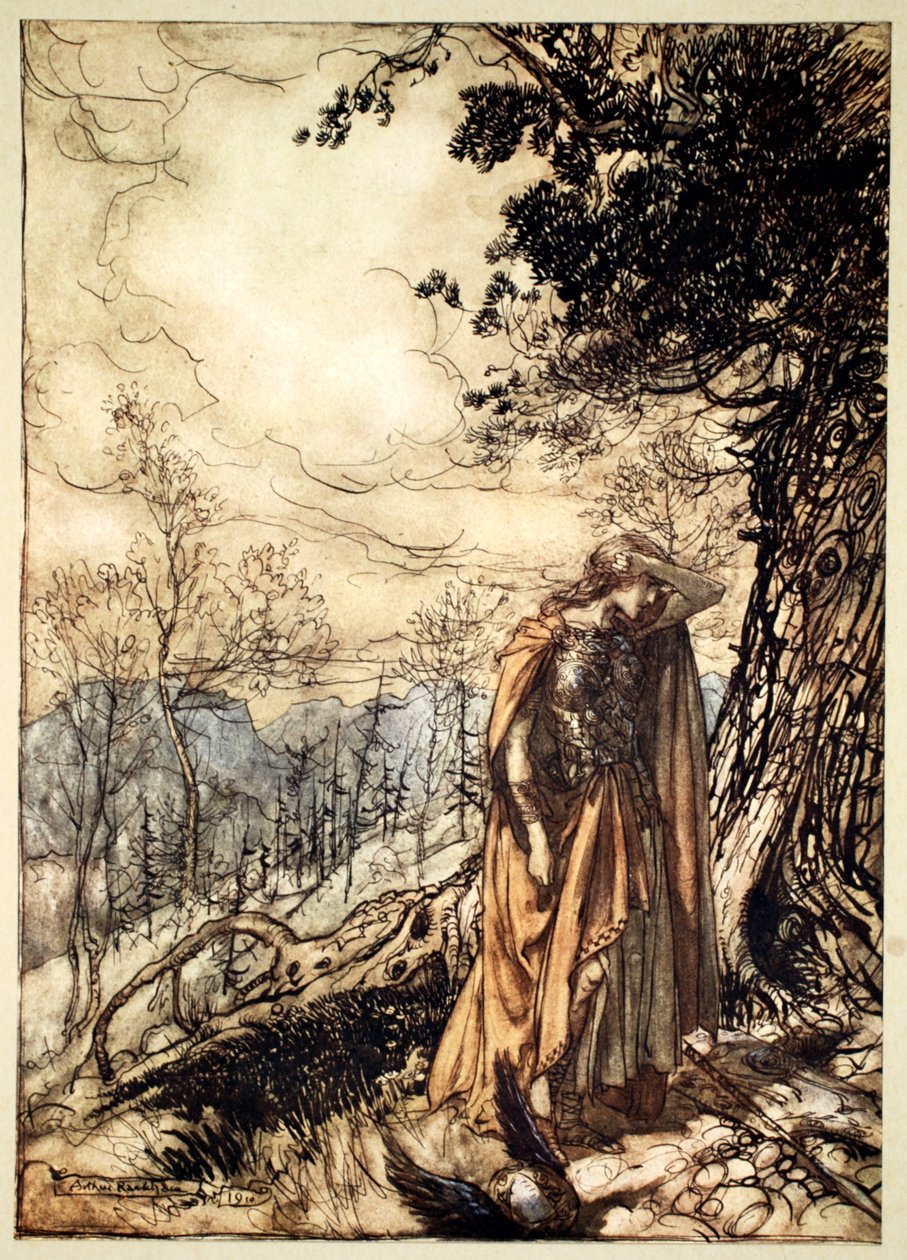 „Brunnhilde stojí dlouho, omámená a vyděšená“, 1910. od Arthur Rackham