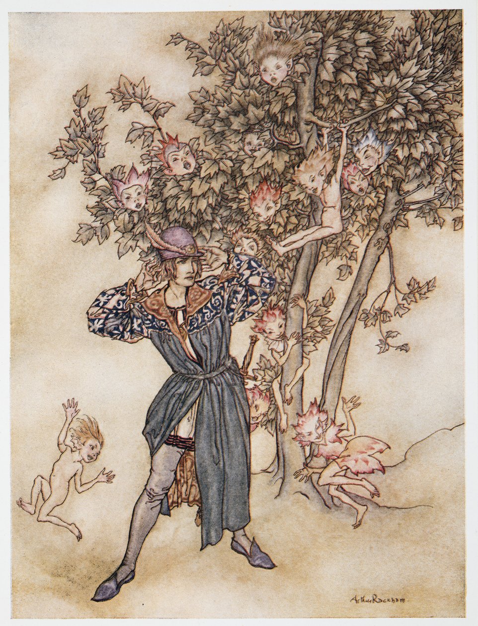 Burthen (rozptýleně) Hark Hark!, ilustrace od Williama Shakespearese Bouře, hospoda. 1926 od Arthur Rackham