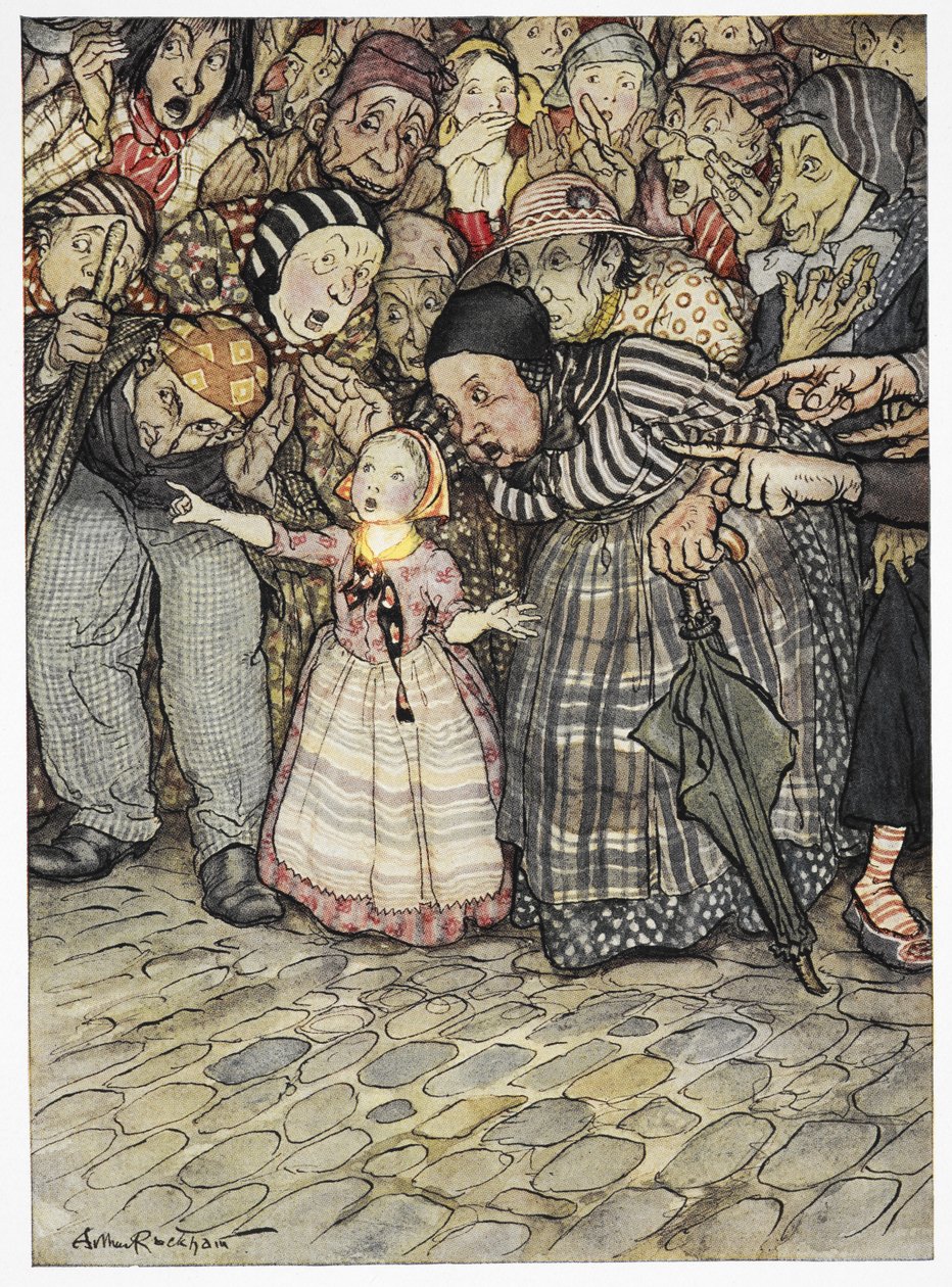 „Ale vůbec nemá nic,“ řekl malé dítě. Barevná ilustrace příběhu „Nové oblečení císaře“. od Arthur Rackham