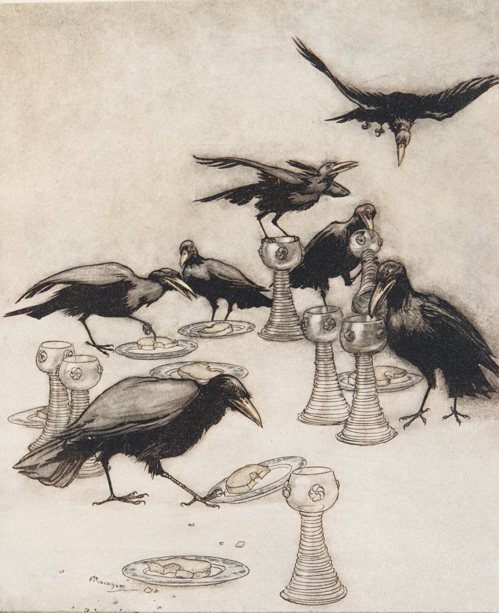 Ale říkali jeden po druhém Halloa! Kdo jedl z mého talíře? Kdo vypil můj šálek? z Pohádek bratří Grimmů, hospoda. 1909 od Arthur Rackham