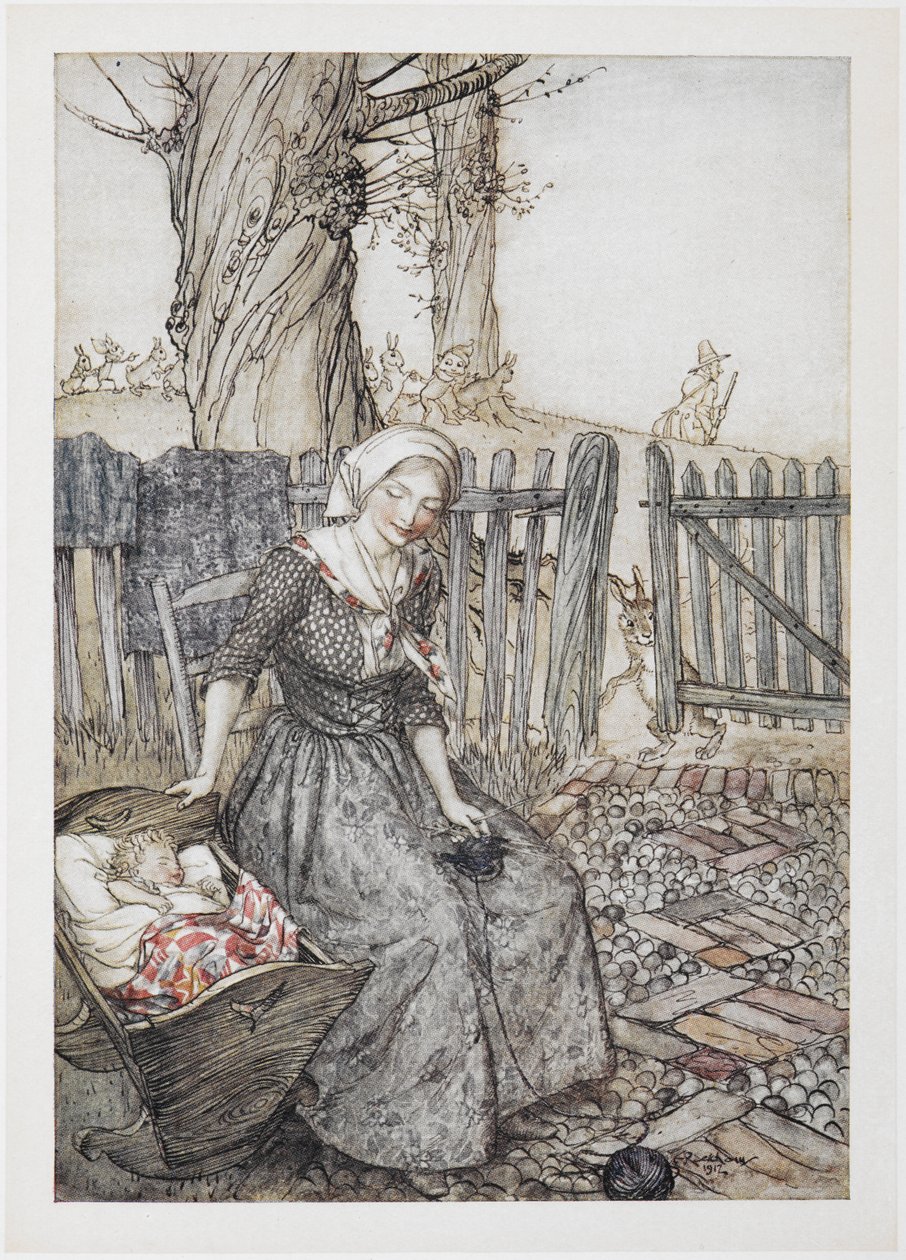 Nashledanou, strnadu. Matka s dítětem v postýlce. Otec jde na lov v pozadí. od Arthur Rackham