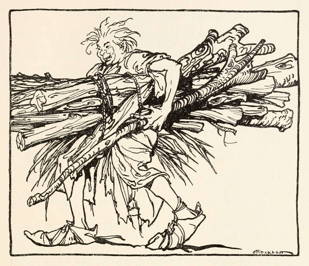 Carl staví přístřešek na noc z filmu Carl of the Drab Coat v Irish Fairy Tales od Arthur Rackham
