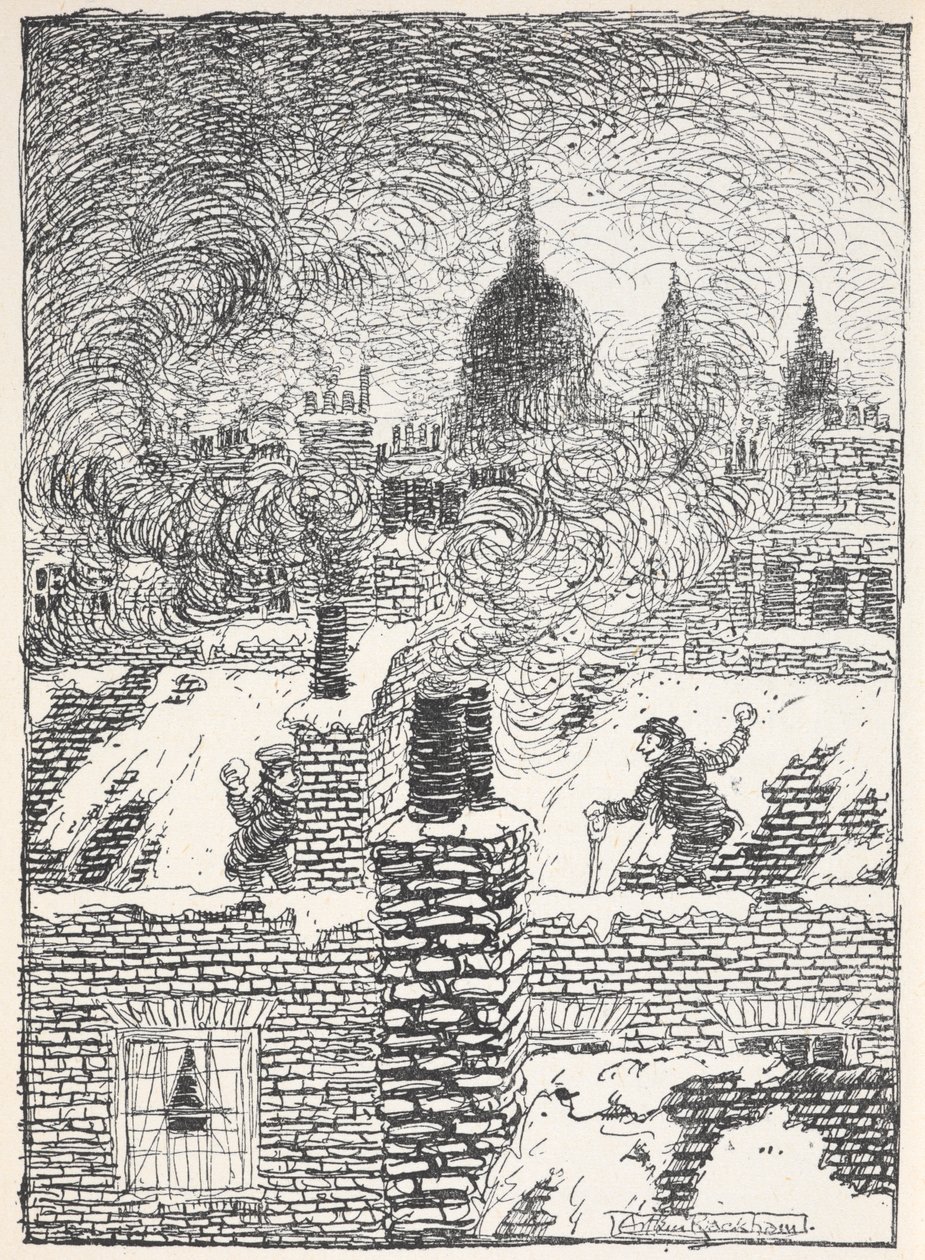 Děti hrající si v noci na střechách ve sněhu, s kupolí svatého Pavla v dálce. od Arthur Rackham