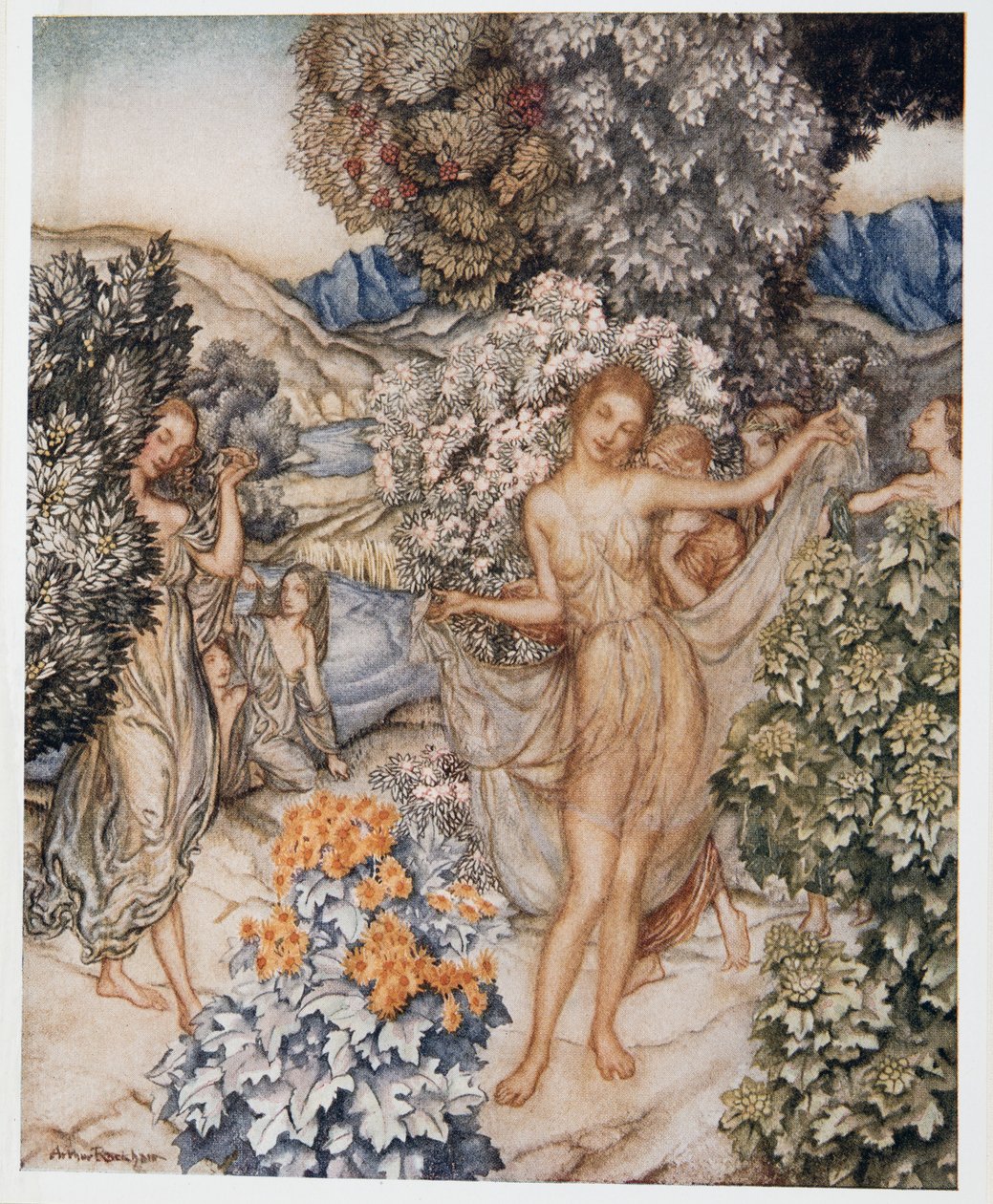 Pojďte, umírněné nymfy, a pomozte oslavit smlouvu opravdové lásky, ilustrace z William Shakespeares The Tempest, hospoda. 1926 od Arthur Rackham