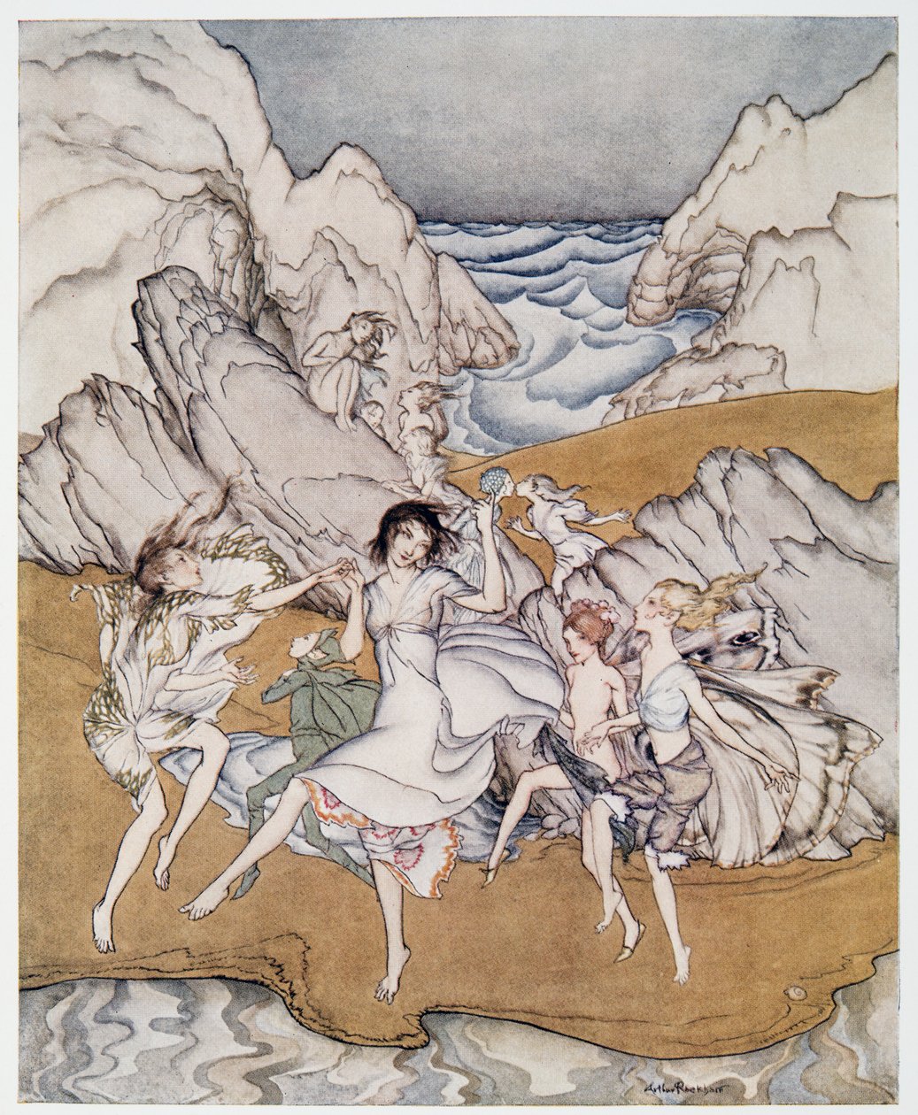Přijďte na tyto žluté pískové ilustrace z The Bouře od Williama Shakespeara, hospoda. 1926 od Arthur Rackham
