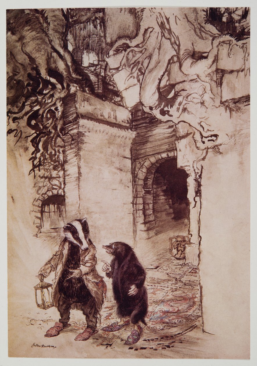 Překročili chodbu a projeli jedním z hlavních tunelů, z hospody Wind in the Willows od Kennetha Grahama (1859 - 1932). 1940 od Arthur Rackham