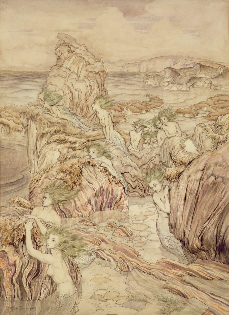 Dcera moře, ilustrace ze Tří zlatých jablek, Nathaniel Hawthorne (pero a inkoust & wc na papíře) od Arthur Rackham