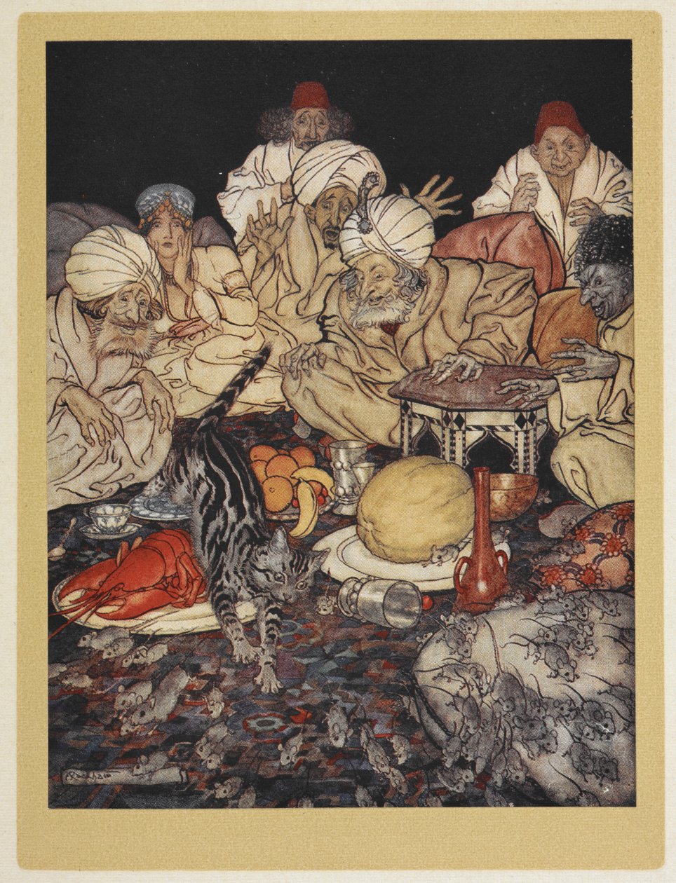 Kočka Dicka Whittingtona jedoucí na králi Maurů svých myší. od Arthur Rackham