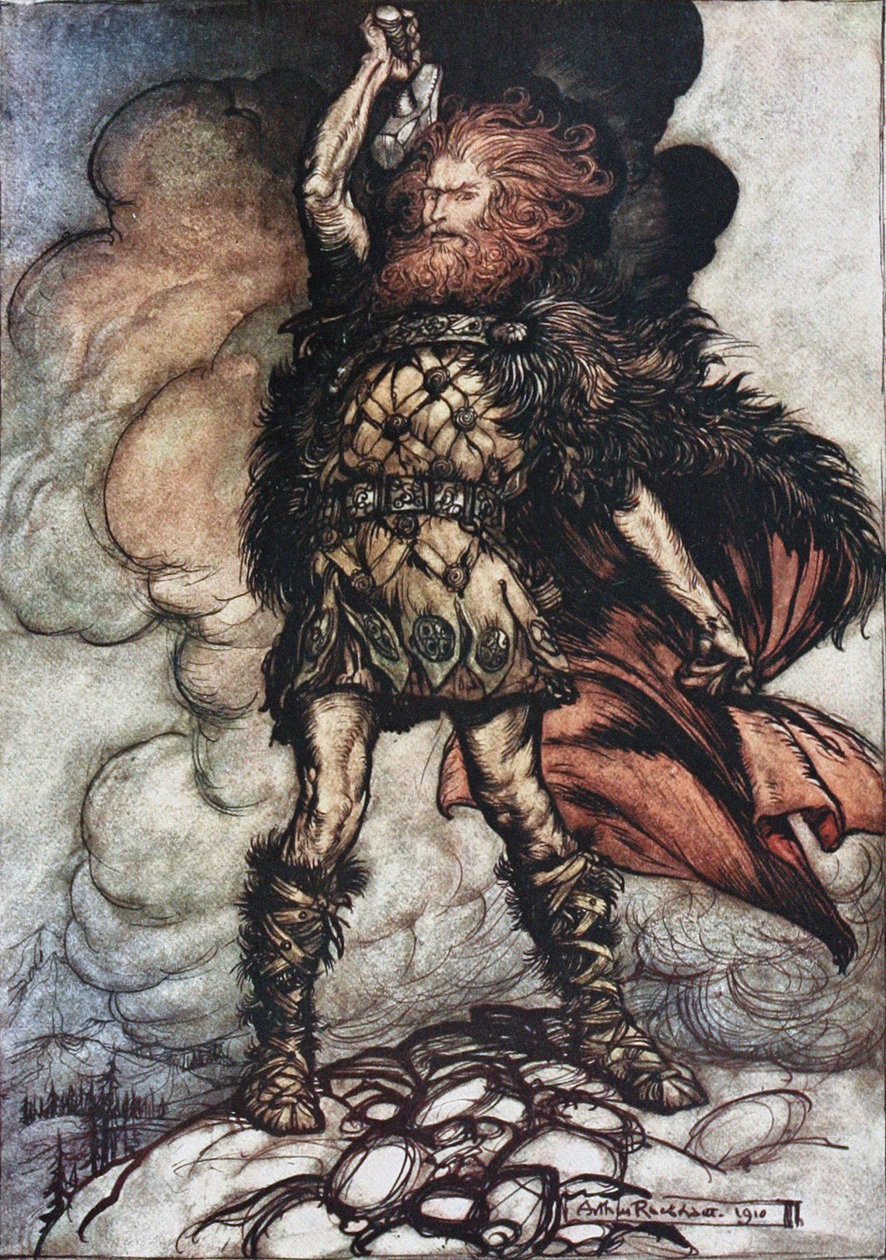 Donner, váš pane, svolává své hostitele! Ilustrace ke skladbě The Rhinegold and The Valkyrie od Richarda W od Arthur Rackham
