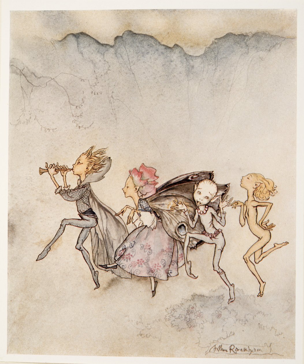 Každý, kdo zakopne o palec u nohy, tu bude s mopem a sekačkou, ilustrace od Williama Shakespearese The Tempest, hospoda. 1926 od Arthur Rackham