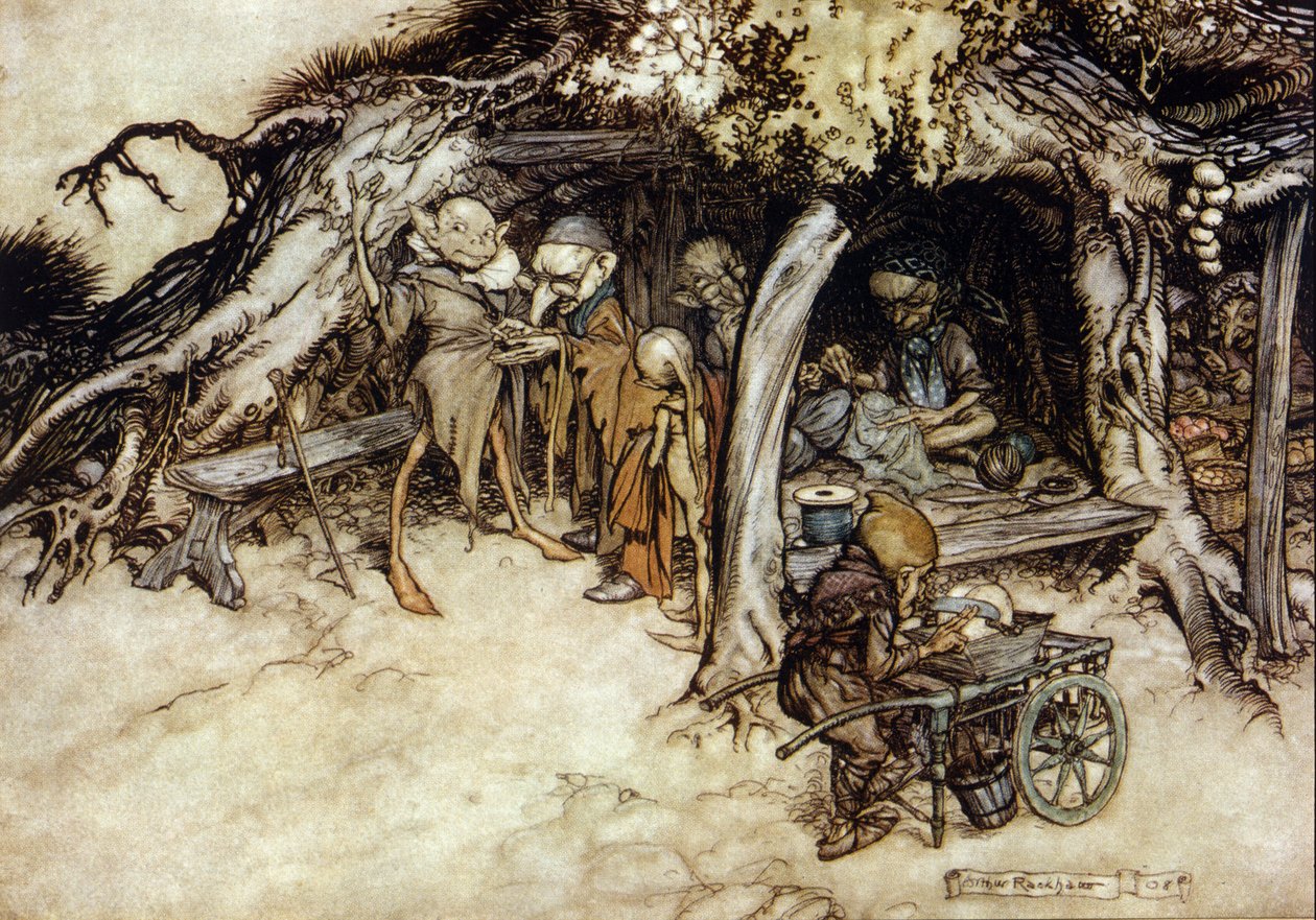 Elfové vyrábějí sako, Ilustrace Arthur RACKHAM (1867-1939) pro Sen letní noci od Williama SHAKESPEARE od Arthur Rackham