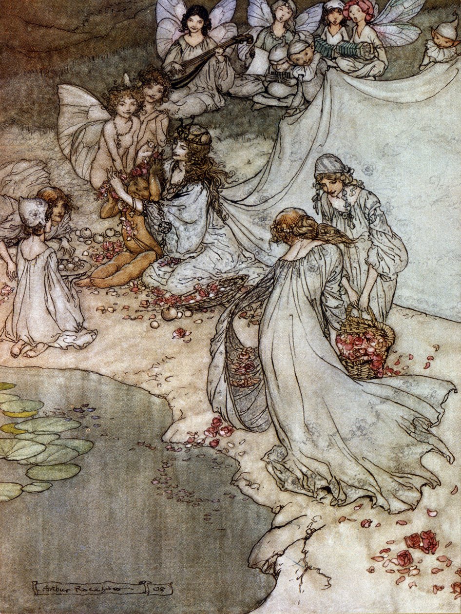 Elfové vyrábějí růžový náhrdelník. Ilustrace Arthur RACKHAM (1867-1939) pro Sen letní noci od Williama SHAKESPEARE od Arthur Rackham