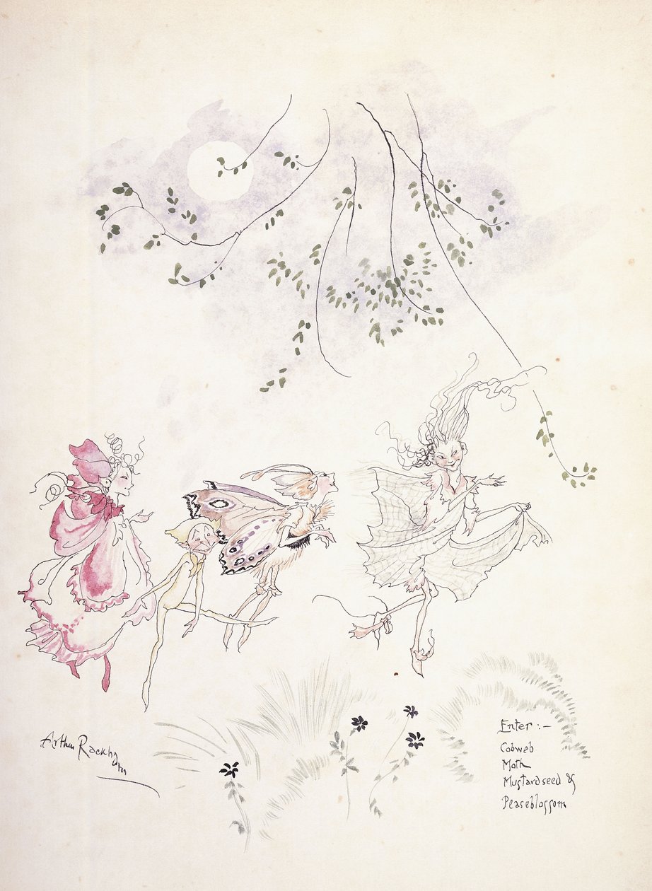 Zadejte: Pavučina, Můra, Hořčičné semínko a Peaseblossom. Ilustrace k Shakespearově "Snu noci svatojánského", kolem roku 1908 od Arthur Rackham