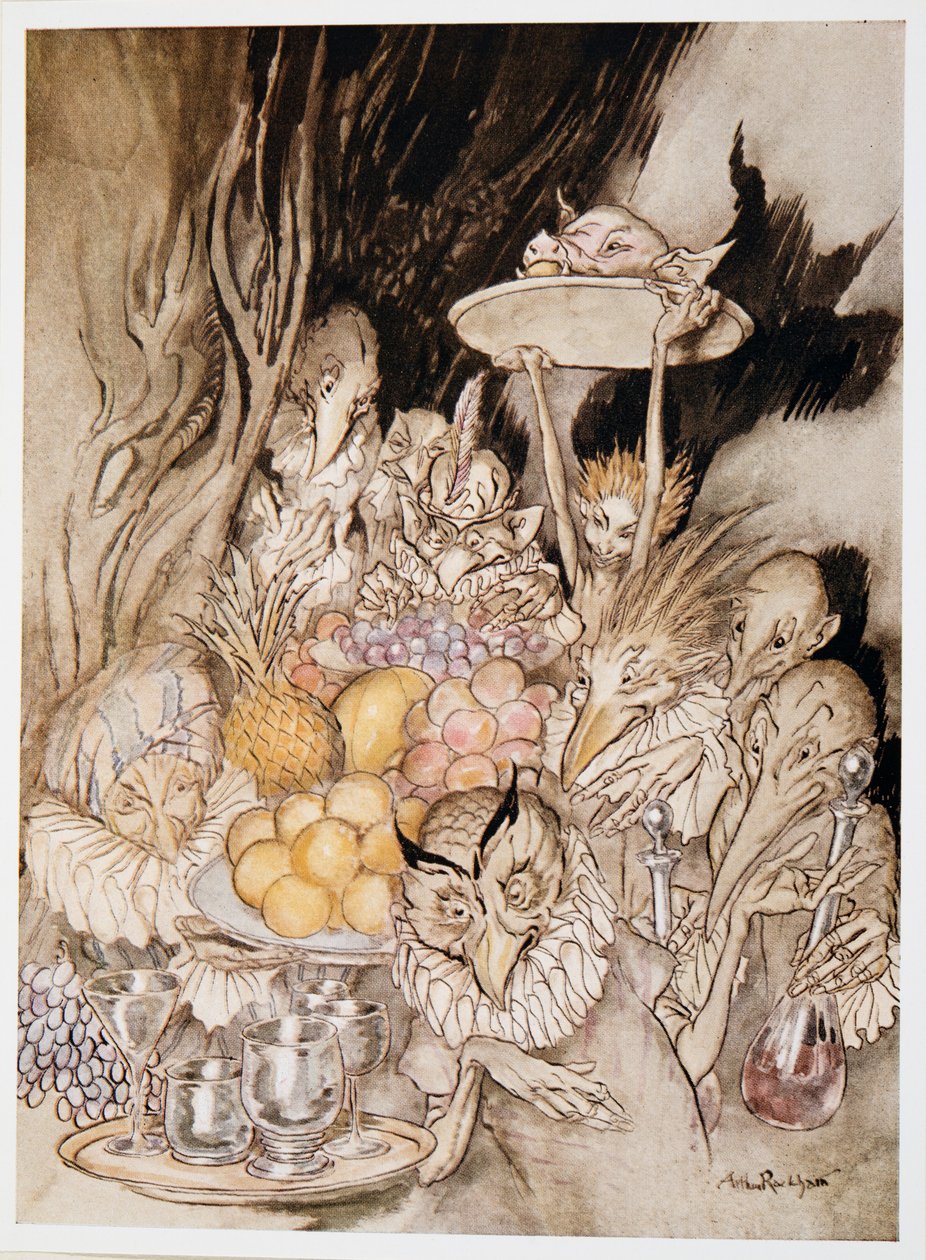 Zadejte několik podivných tvarů, přinášející banket?. pozvěte krále atd. k jídlu, ilustrace z Bouře Williama Shakespeara, hospoda. 1926 od Arthur Rackham