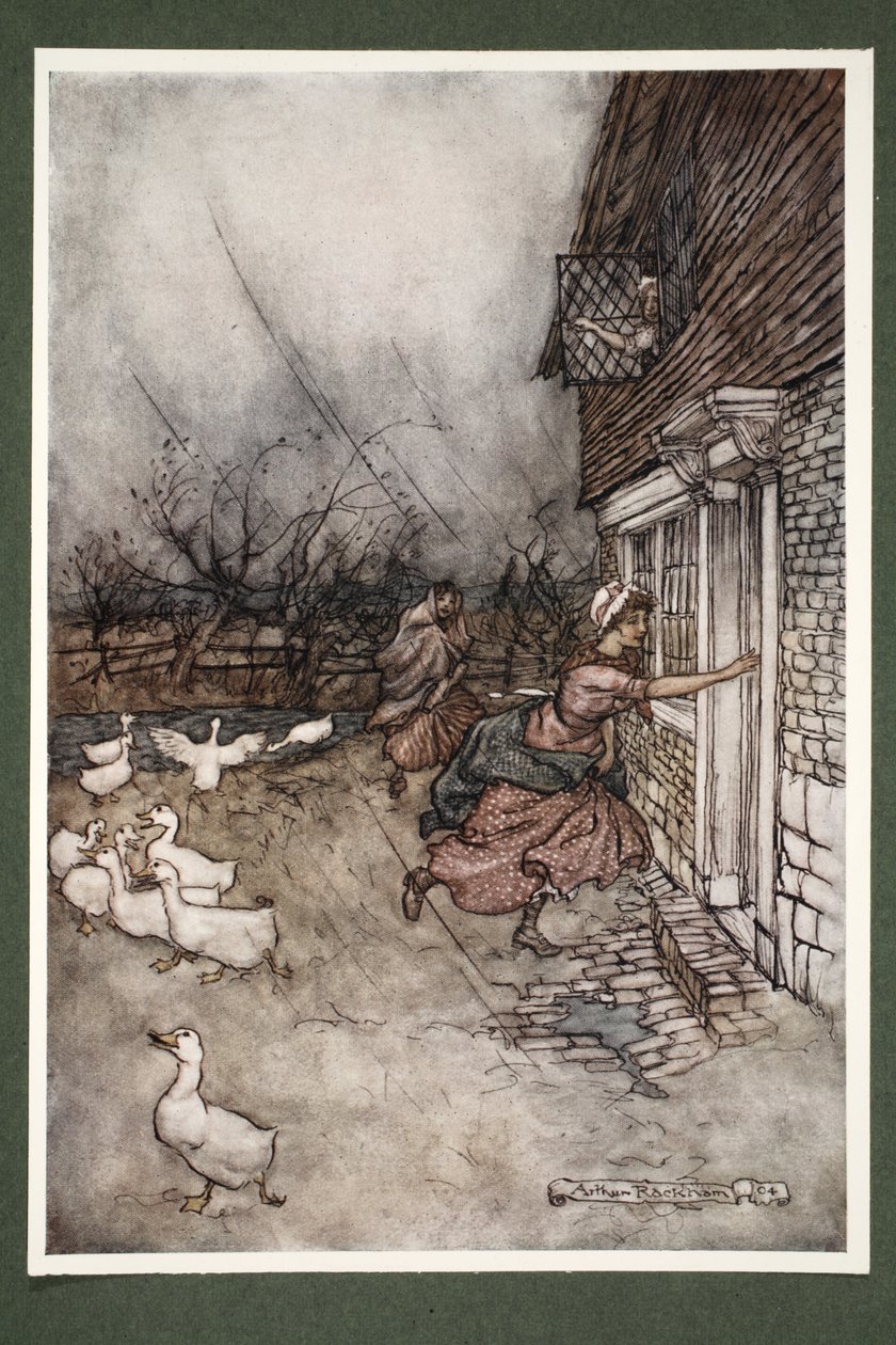 Dodnes nikdy neslyšeli bouřku o Kaatskill, ale říkají, že Hendrick Hudson a jeho parta hrají o devíti kuželky. 1910 (barva od Arthur Rackham