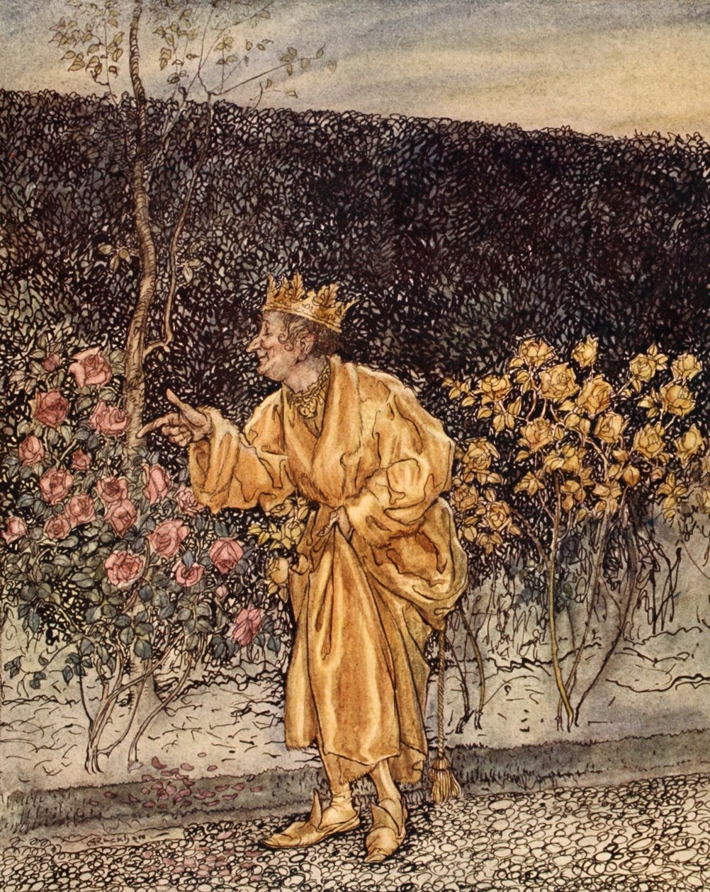Každá květina se změnila ve zlatou, ilustrace z „Zázračné knihy pro dívky a chlapce“ od Nathaniela Hawthorna, 1928 od Arthur Rackham