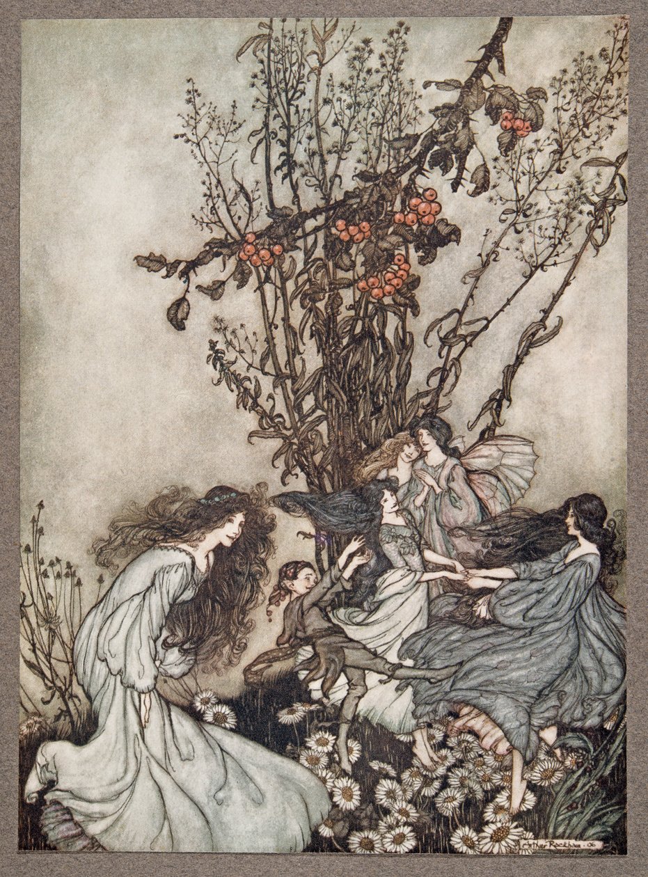 Víly nikdy neříkají We feel happy, what they say is We fall dancey, from Peter Pan in Kensington Gardens by J M Barrie (1860 - 1937), pub. 1906 od Arthur Rackham