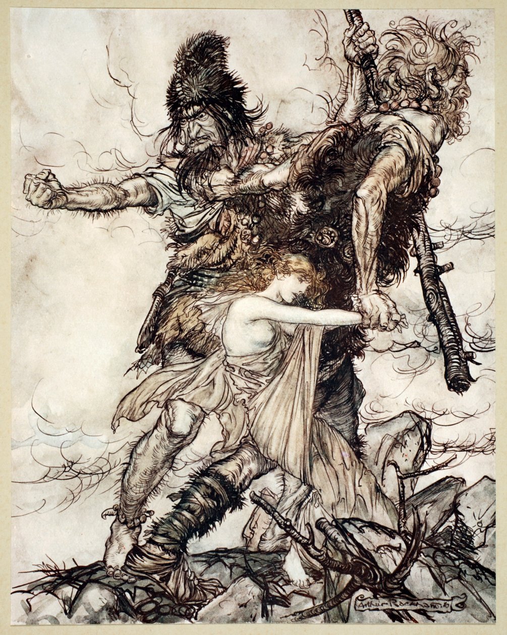 "Fasolt se náhle zmocní Freii a odtáhne ji stranou s Fafnerem", 1910. od Arthur Rackham