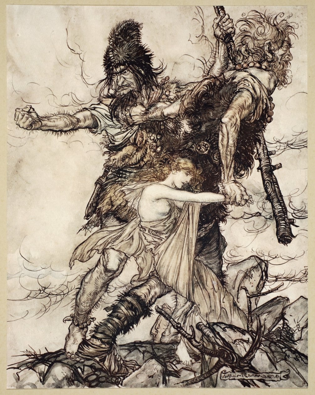 Fasolt náhle uchvátí Freiu a odtáhne ji stranou s Fafnerem, ilustrace z 