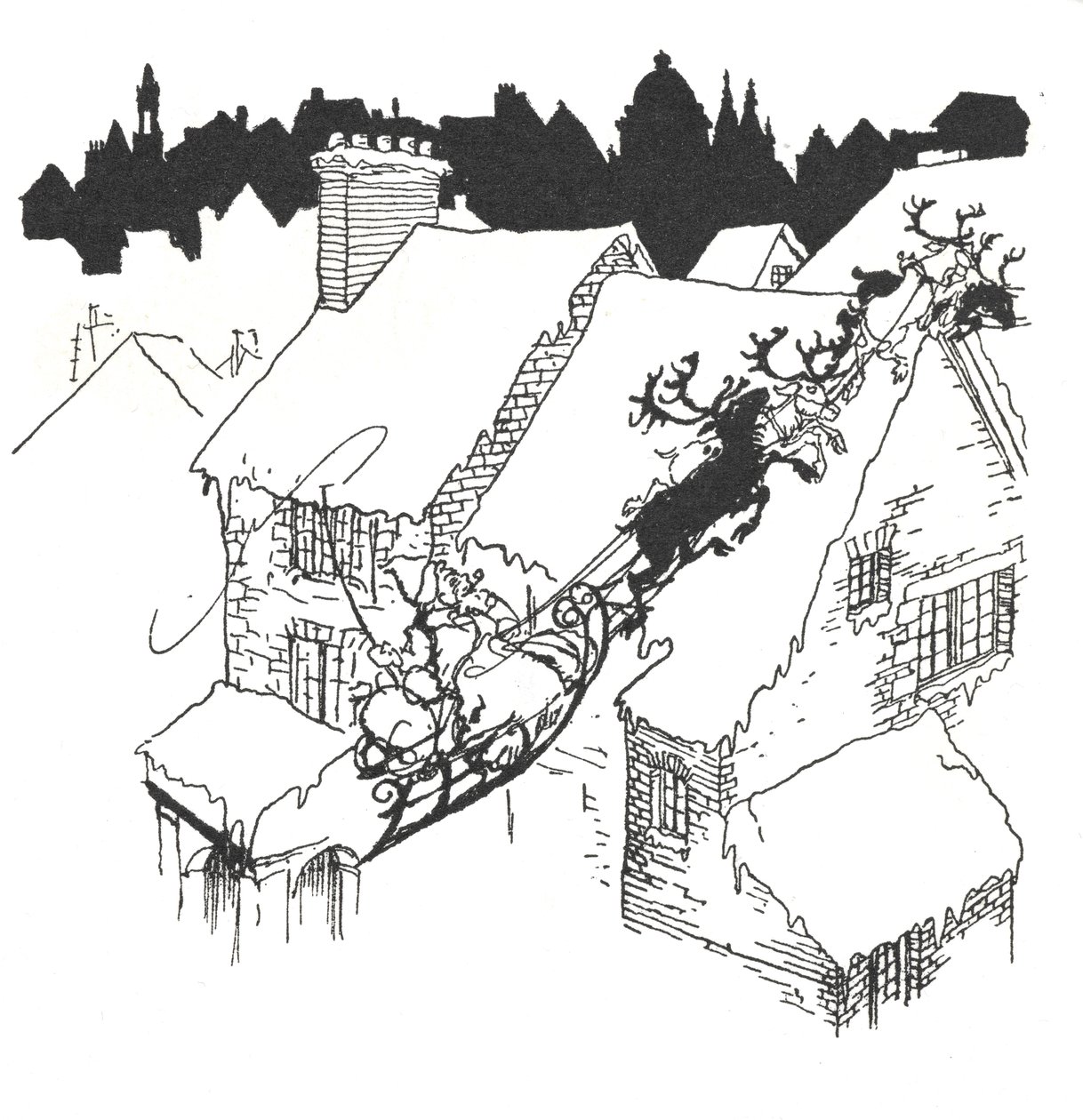 Otec Vánoc na saních létajících přes zasněžené střechy od Arthur Rackham