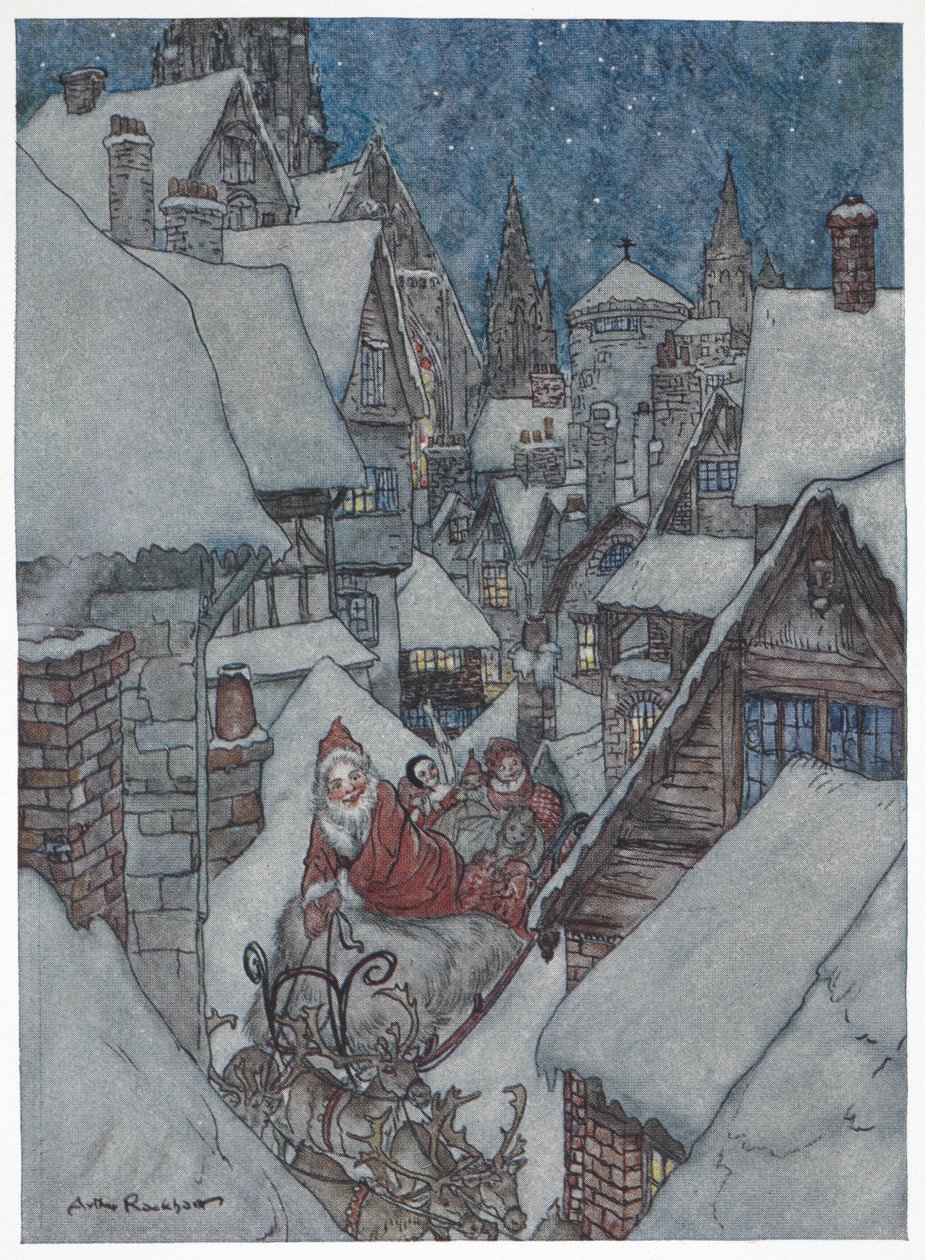 Otec Vánoce cestování zasněženými ulicemi na sáně od Arthur Rackham