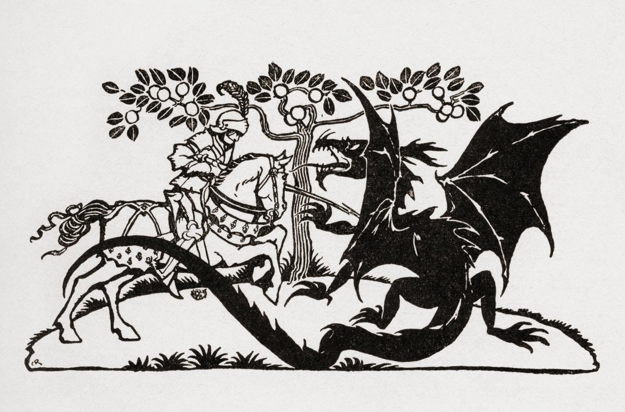 Jiří a drak. Z knihy Anglické pohádky převyprávěné F.A. Steelem s ilustracemi Arthura Rackhama, vydané v roce 1927. od Arthur Rackham