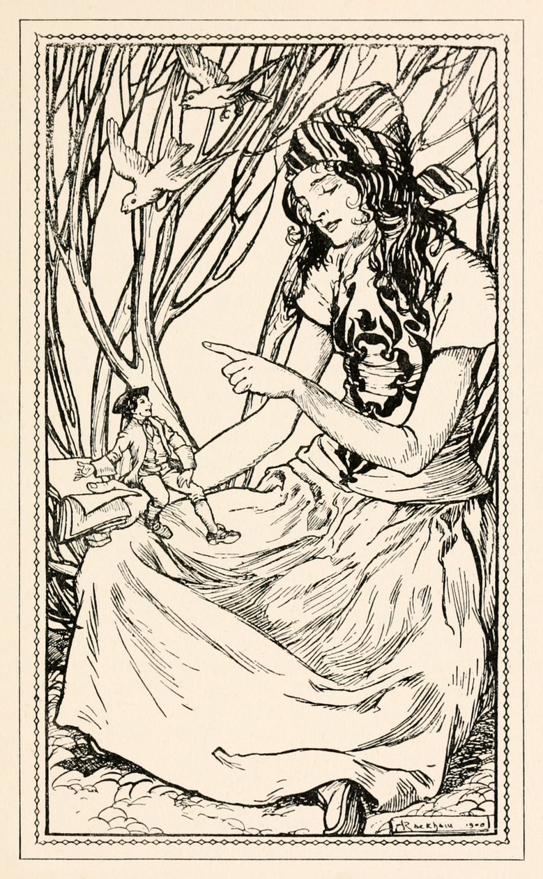Glumdalclitch učí Gullivera číst z části II: A Voyage to Brobdingnag v Gullivers Travels od Jonathana Swifta od Arthur Rackham
