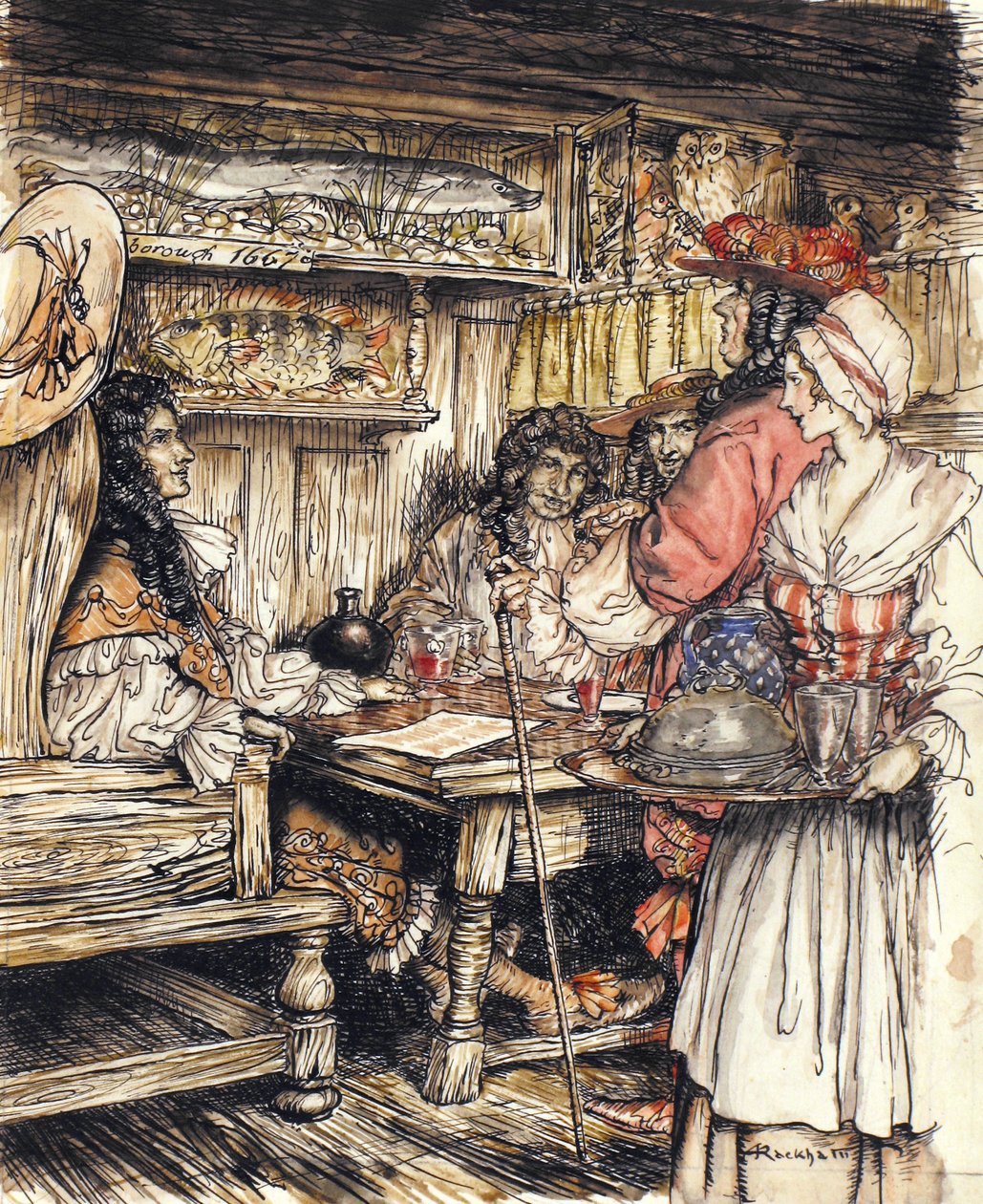 Jděte se podívat do jedné z kaváren v King Street ve Westminsteru, ilustrace z The Compleat Angler od Isaaca Waltona, 1931 (pero, inkoust a akvarel na papíře) od Arthur Rackham