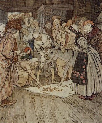 Ilustrace "Zlaté kousky spadly na látku" k "Umývací stůl, zlatý prdel a kyj" z Pohádek bratří Grimmů od Arthur Rackham