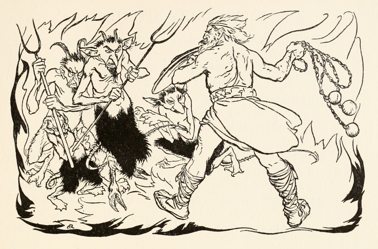 Goll mac Morna útočí na peklo, aby zachránil Fionn a Fiannu-Finn z The Little Brawl at Allen v Irish Fairy Tales od Arthur Rackham