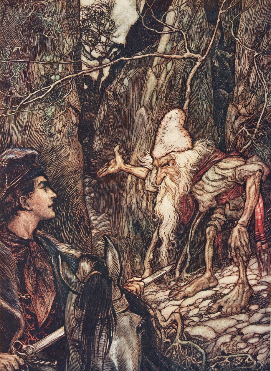 Dobrý trpaslíku, nemůžeš mi říct, kde jsou moji bratři? z Pohádek bratří Grimmů, hospoda. 1909 od Arthur Rackham