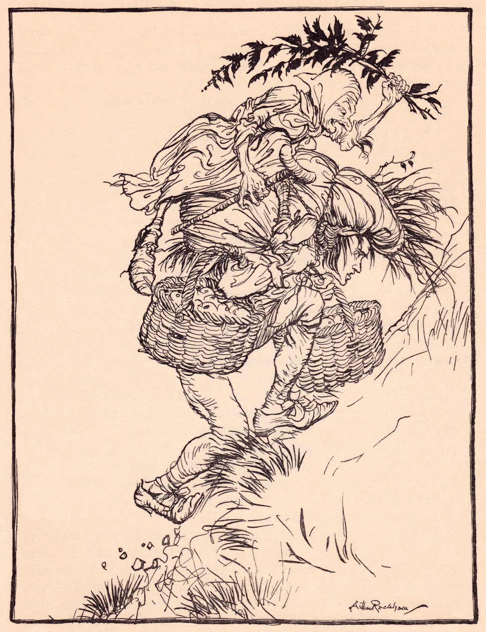 Neustále sténal a vyšplhal na horu. Ilustrace Arthura Rackhama z Grimmovy pohádky Husí dívka u studny. od Arthur Rackham