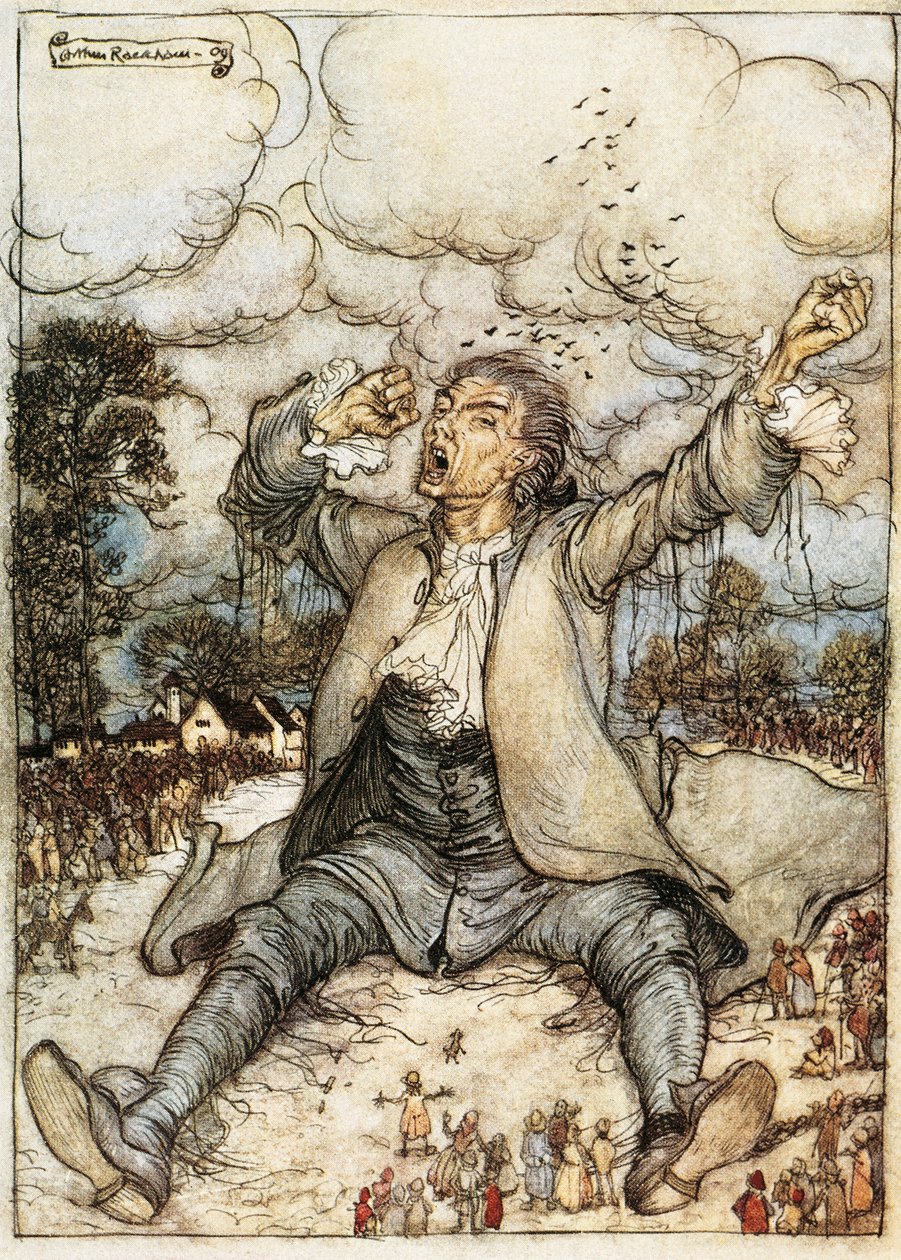 Gulliver se probouzí v Lilliput, ilustrace z Gulliverových cest od Jonathana Swifta, od Arthura Rackhama od Arthur Rackham