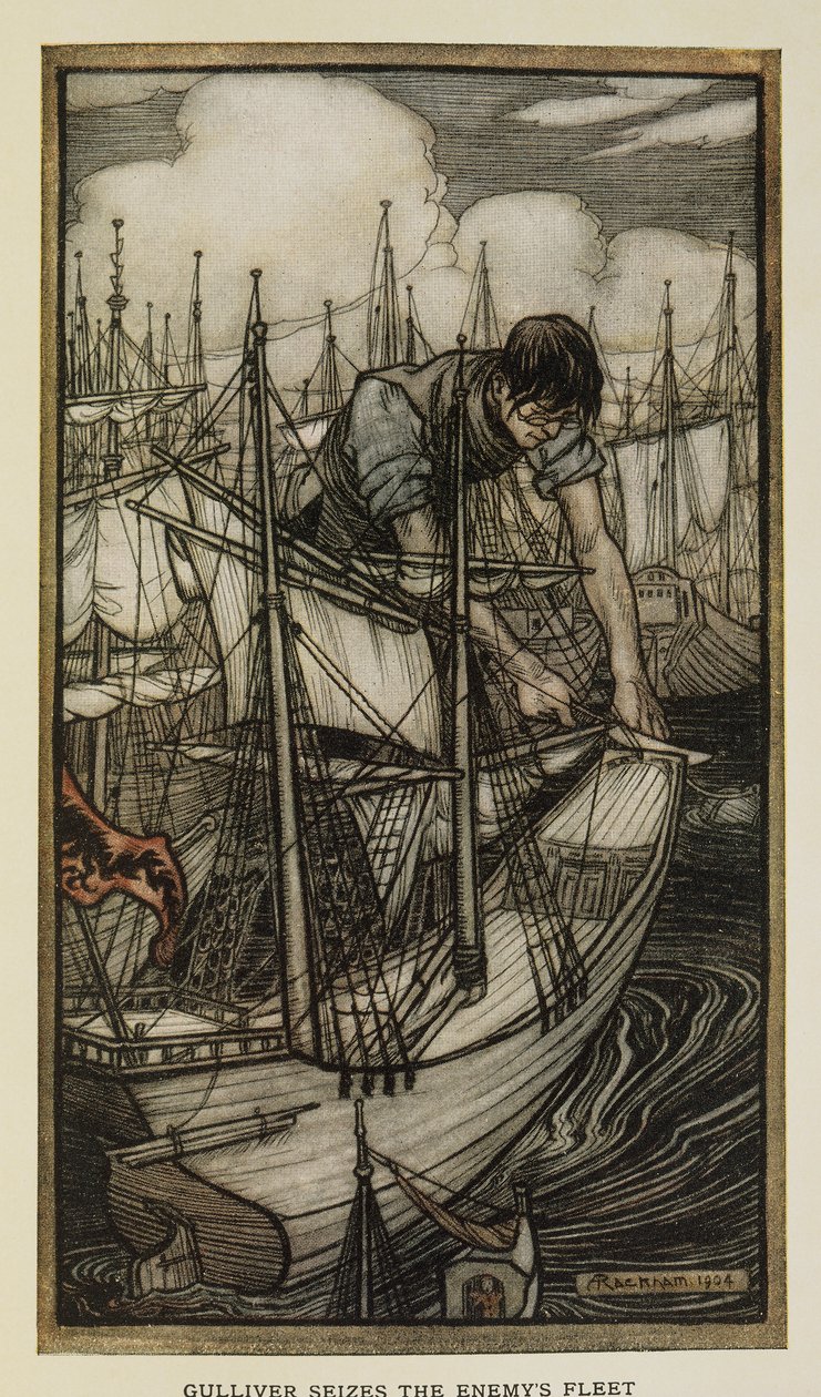 Gulliver zajal nepřátelskou flotilu, Ilustrace z Gulliverových cest od Jonathana Swifta, od Arthura Rackhama od Arthur Rackham