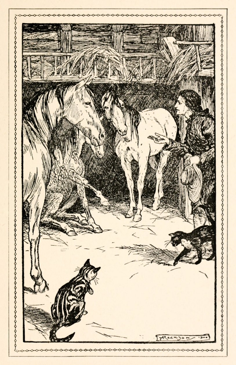 Gulliver má tu čest být vyslýchán hosty jeho pánů z Části IV: Cesta do země Houyhnhnmů v Gullivers Travels od Jonathana Swifta od Arthur Rackham