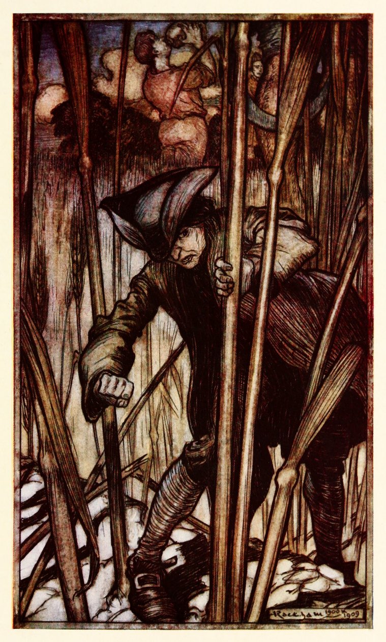 Gulliver je zasažen strachem na první pohled na Brobdingnagianské ženci z Part II: A Voyage to Brobdingnag v Gullivers Travels od Jonathana Swifta od Arthur Rackham