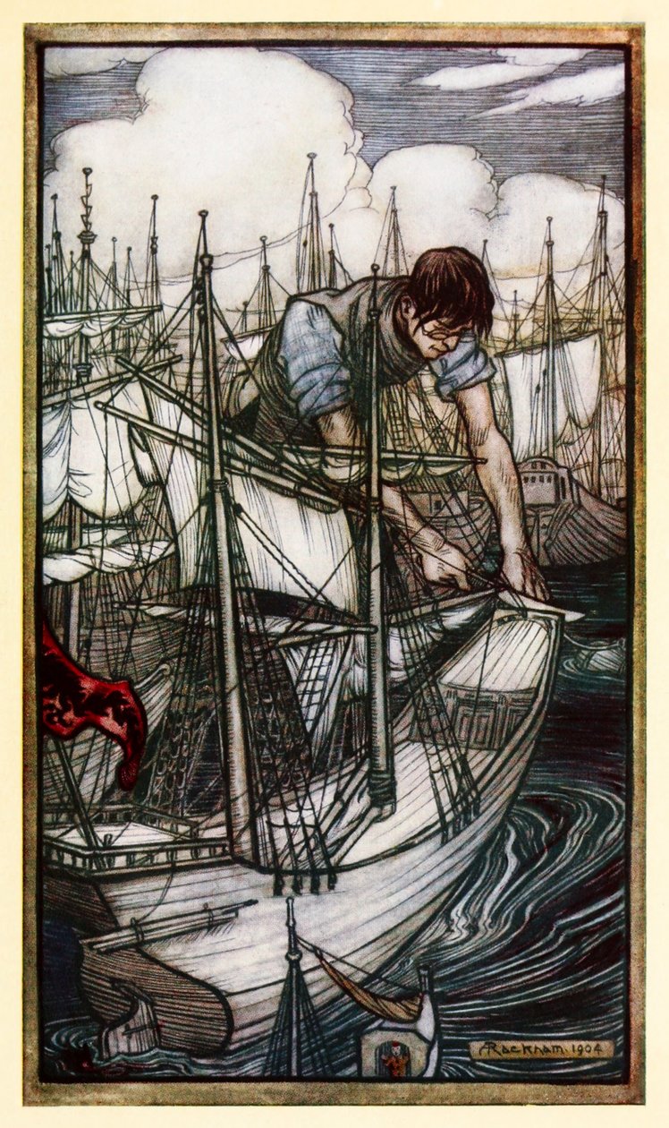 Gulliver se zmocní nepřátelské flotily z části I: Cesta do Liliputu v knize Gulliverovy cesty od Jonathana Swifta od Arthur Rackham