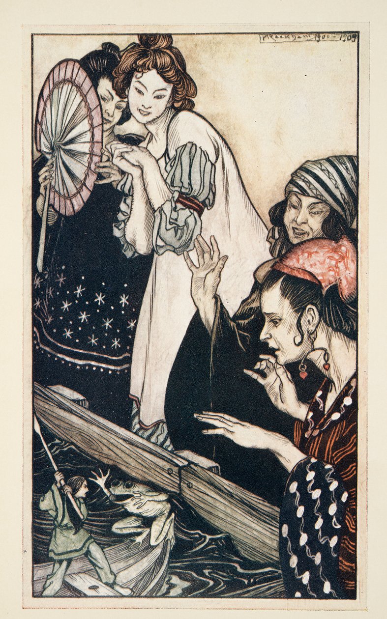 Gulliverovo setkání s žábou, z Gulliverovy cesty od Jonathona Swifta (1667 - 1745), nakl. 1909 (barevné lito) od Arthur Rackham
