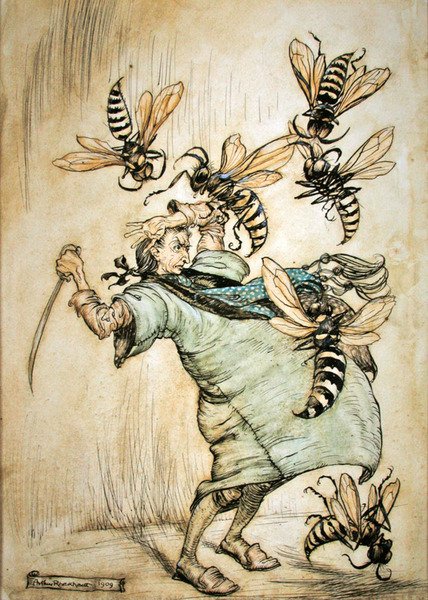 Gulliverův boj s vosami od Arthur Rackham