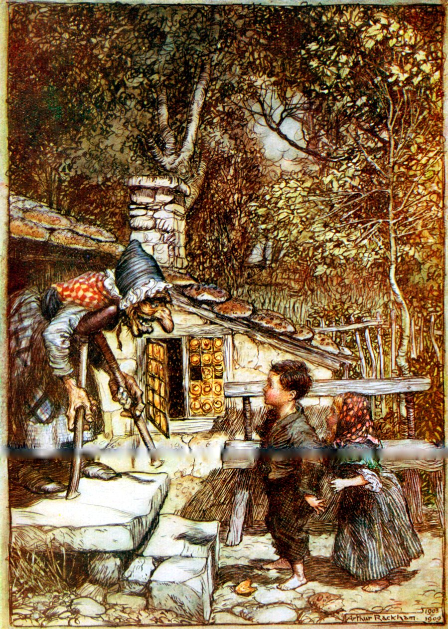Jeníček a Mařenka a čarodějnice na prahu její chalupy od Arthur Rackham