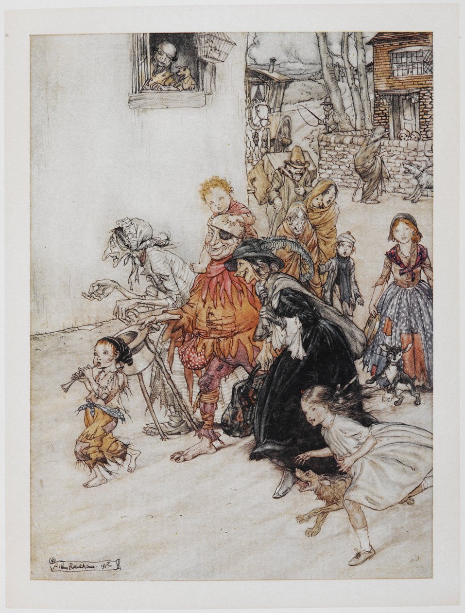 „Hark! Hark! Psi dělají kůru. Sbírka postav včetně Jesteru, starých žen a dětí, procházky ulicemi. od Arthur Rackham